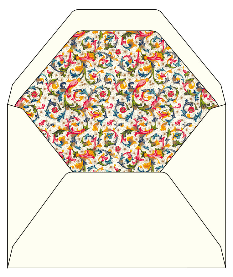 Fiorenza Lined Envelopes  comes in a package of 100. The liner features a classic Florentine pattern. 6.25 by 8.38 inches in size  (16 by 21.3 cm.).