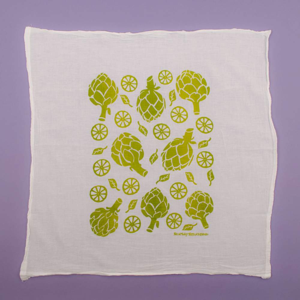 Kei & Molly Flour Sack Cotton Tea Towel- Artichokes in two-tone green and yellow