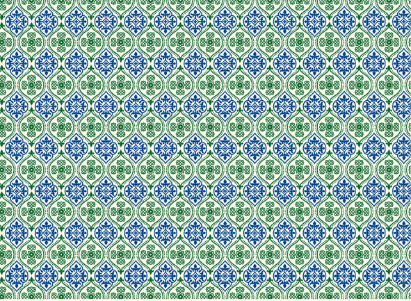 This Rossi 1931 Decorative Letterpress Paper features a repeating pattern of blue and green medallions. 