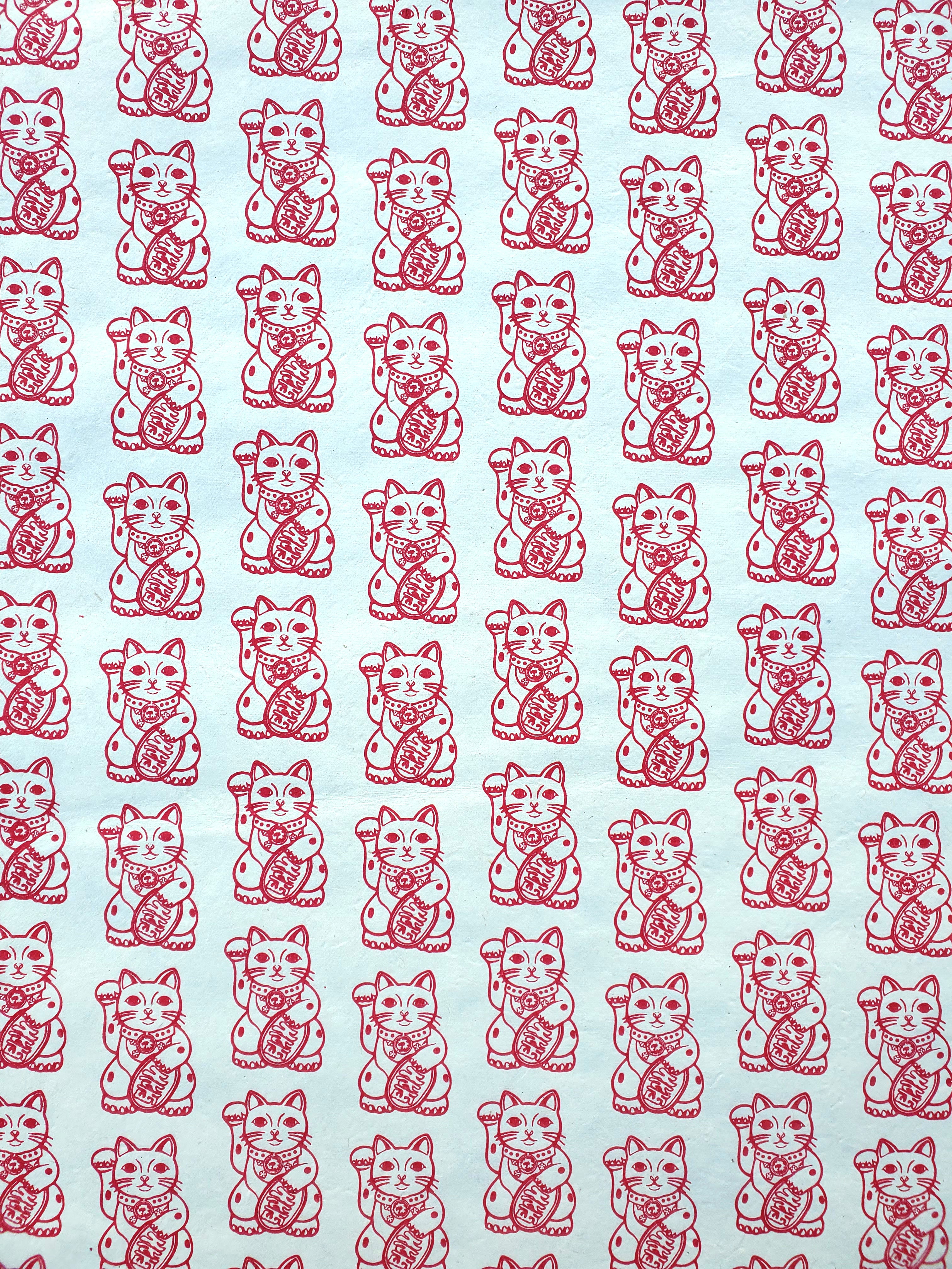 Lucky Cat Lokta Paper- Red on Cream