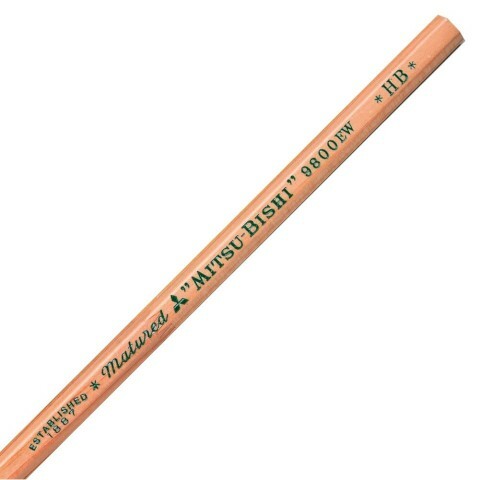 Mitsubishi 9800EW HB Recycled Pencil natural body detail of imprint  in green foil- "Established 1887, Matured Mitsu-Bishi, 9800EW, HB"