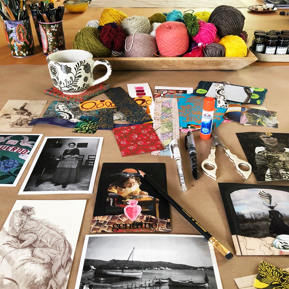 Altered Postcards Class materials  and finished postcards