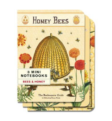 Bees & Honey Mini Notebook set comes with three high quality notebooks featuring bright and colorful reproductions of vintage images of bees, hives, flowers, and fruits.