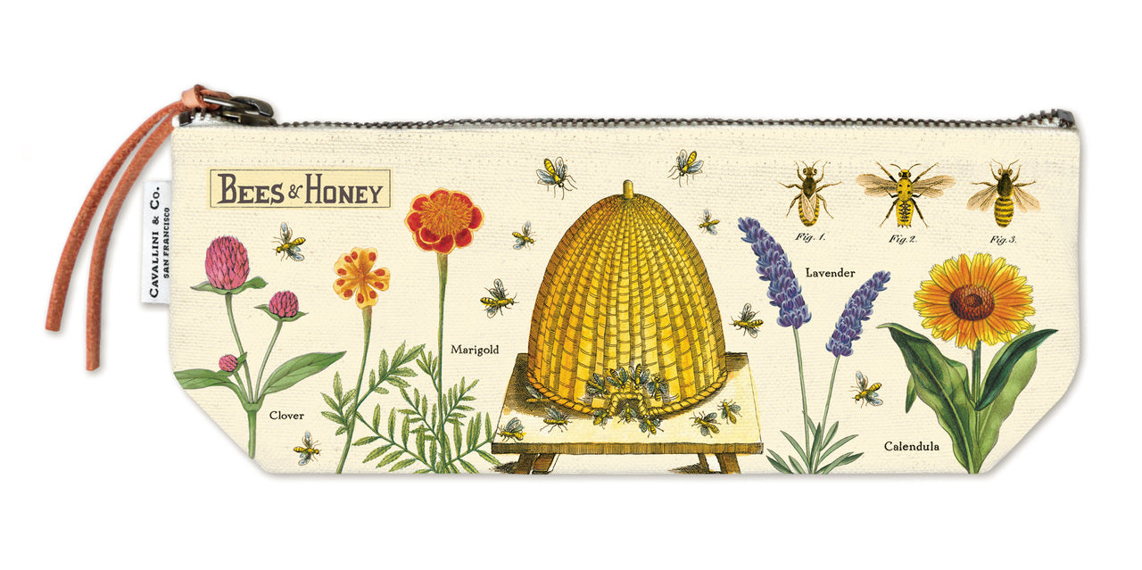 Cavallini & Co. Bees and Honey Mini Pouch- a smaller version of the Vintage Canvas Pouch measuring 4 by 9 inches when lying flat. 