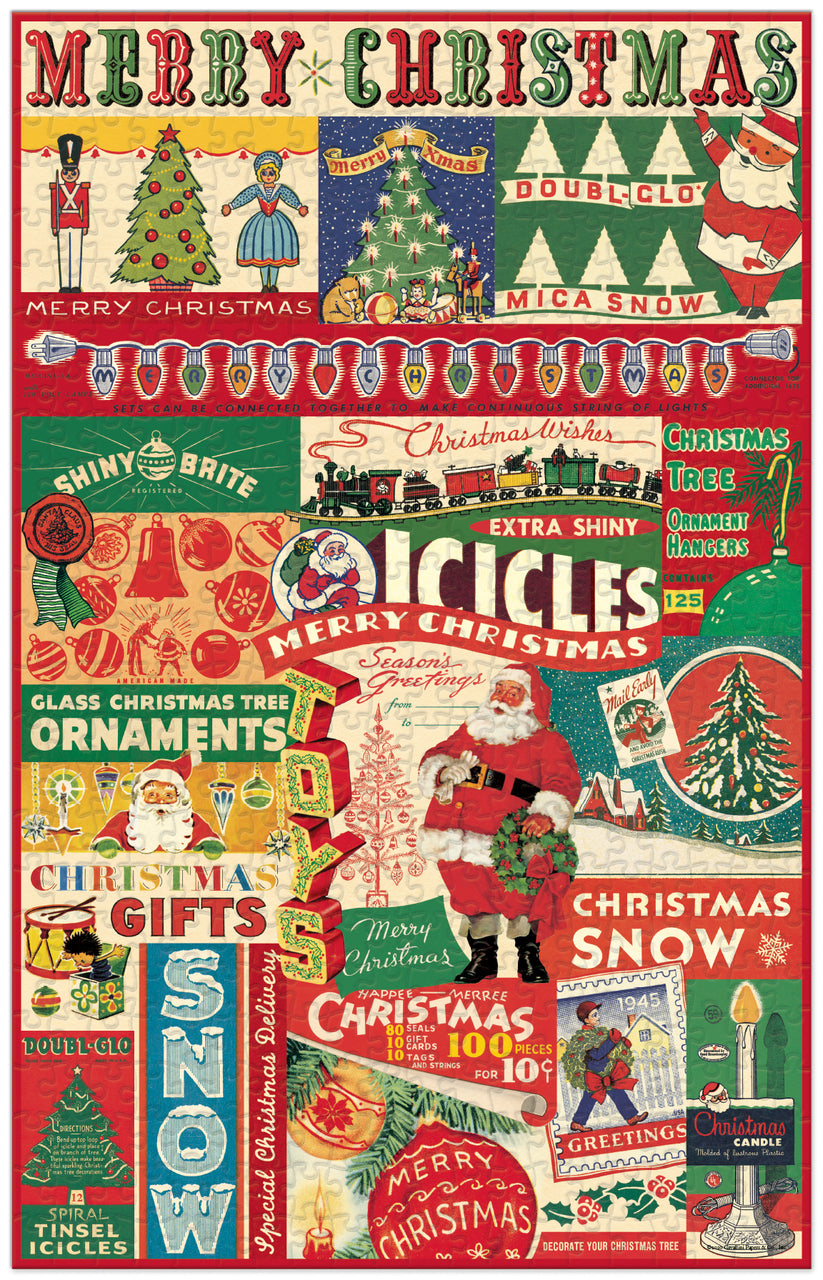 Bright and cheerful vintage holiday images are collaged to create this puzzle.