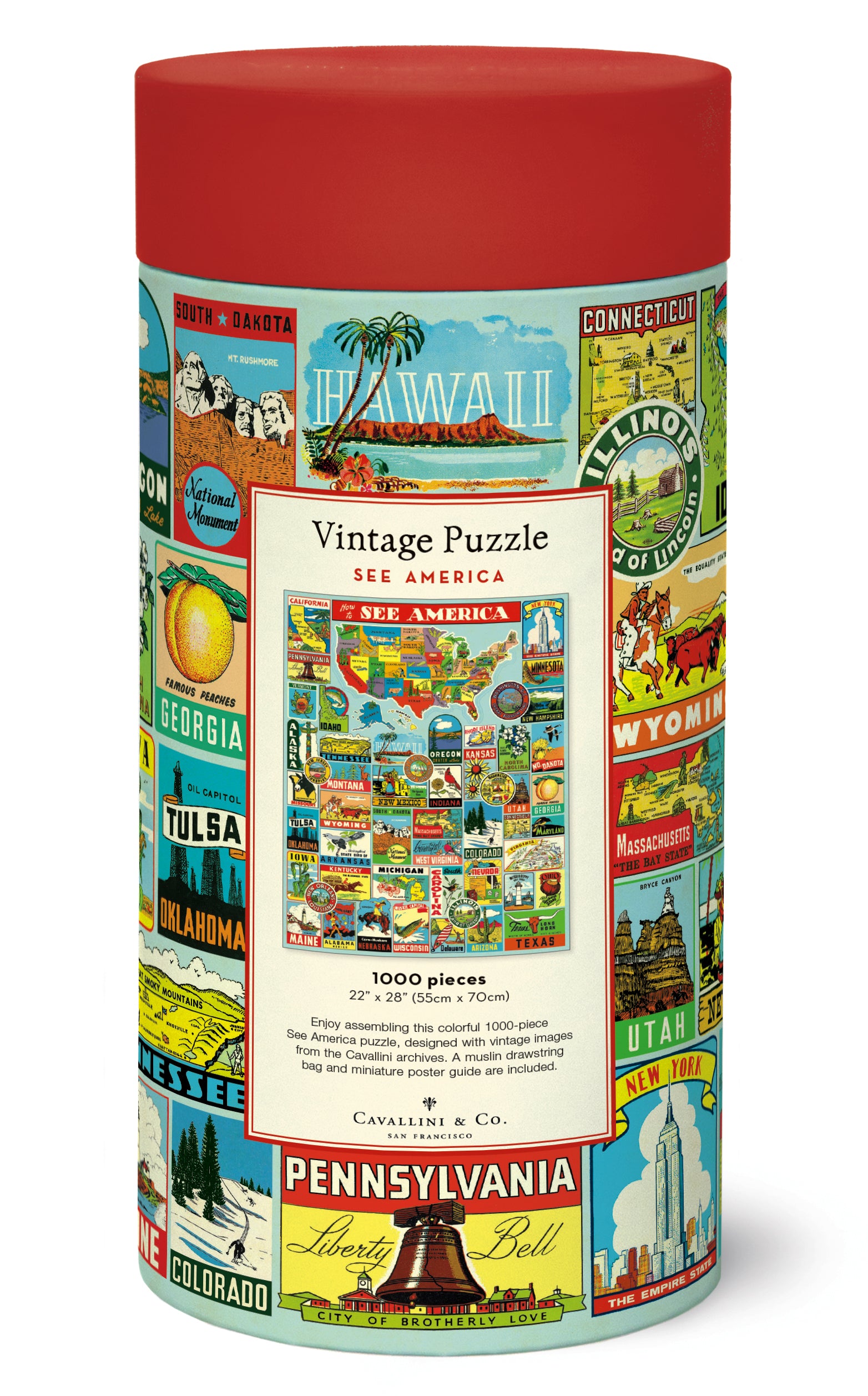 All puzzles are packaged in a 10 inch long cardboard tube, with puzzle pieces safely stored in a muslin bag inside.