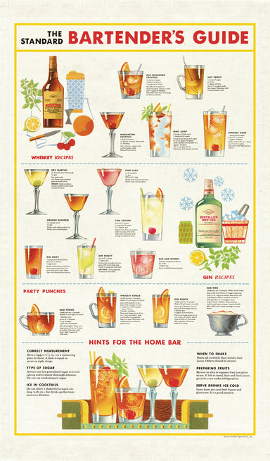 "The Standard Bartender's Guide" tea towel is complete with whiskey, gin, and party punch recipes, and a few hints for the home bar thrown in.