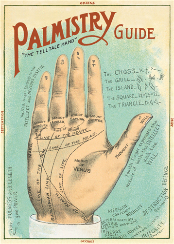 Cavallini Palmistry Decorative Wrap features a vintage palm reading guide. 