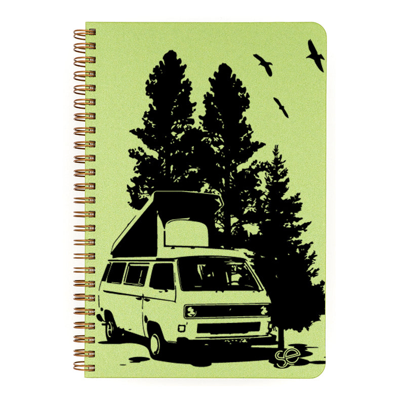 Gone Camping Kiwi cover.  Wire binding lays flat when open or can be folded over for added support.