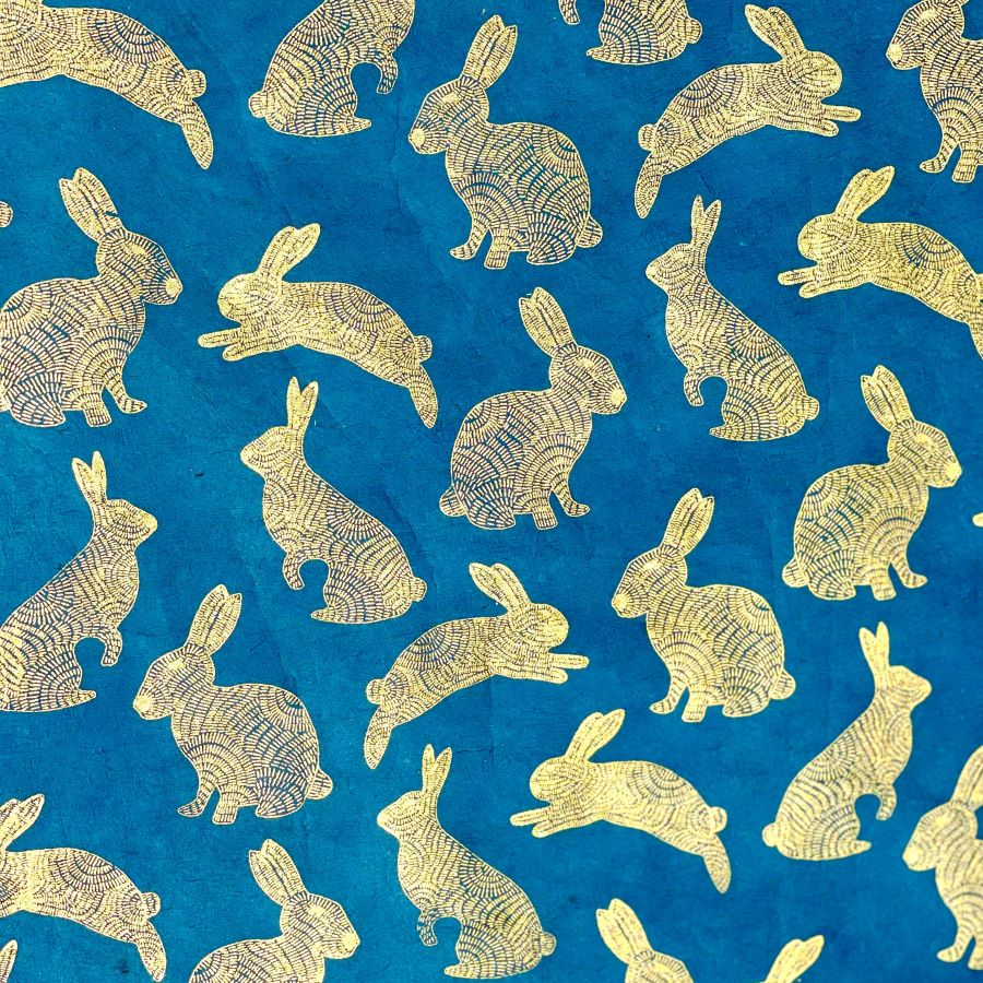 Rabbits Lokta Paper- Gold Rabbits on Dark Teal