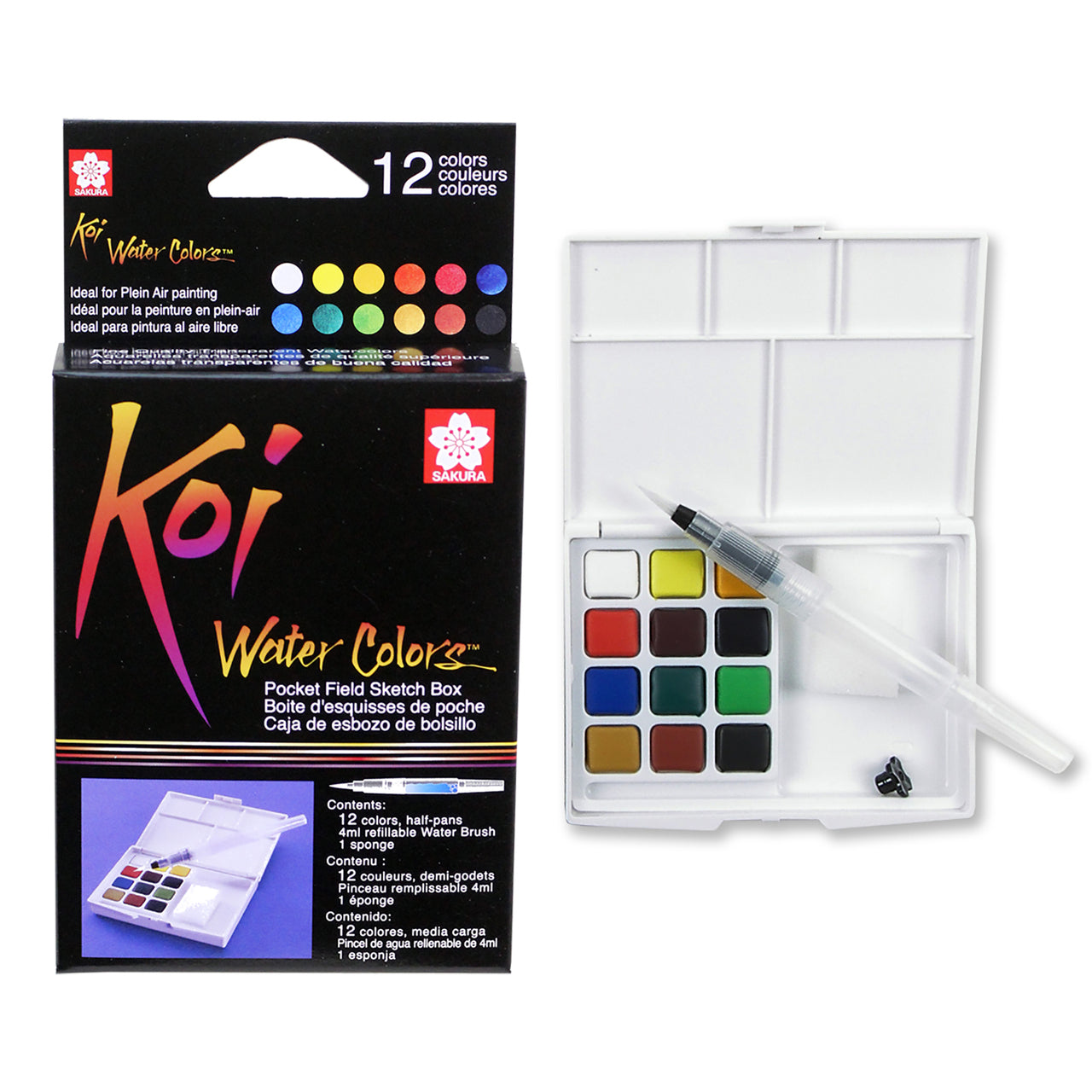 Sakura Koi Watercolor Pocket Field Sketch Travel Kit- 12 Half Pans and Waterbrush Pen