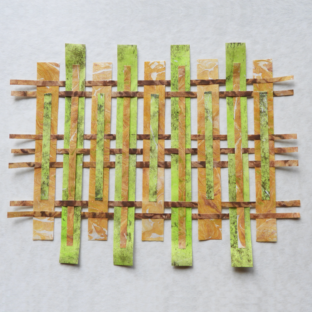 Paper Weaving class sample- open weave with green and gold