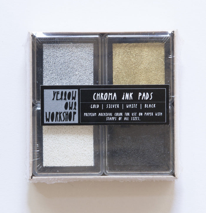 Yellow Owl 4 Color Ink Pad Set in silver, gold, white, and black will stamp on paper, fabric, wood, metal, and glass. They are perfect for your travel Visual Journaling kit! 