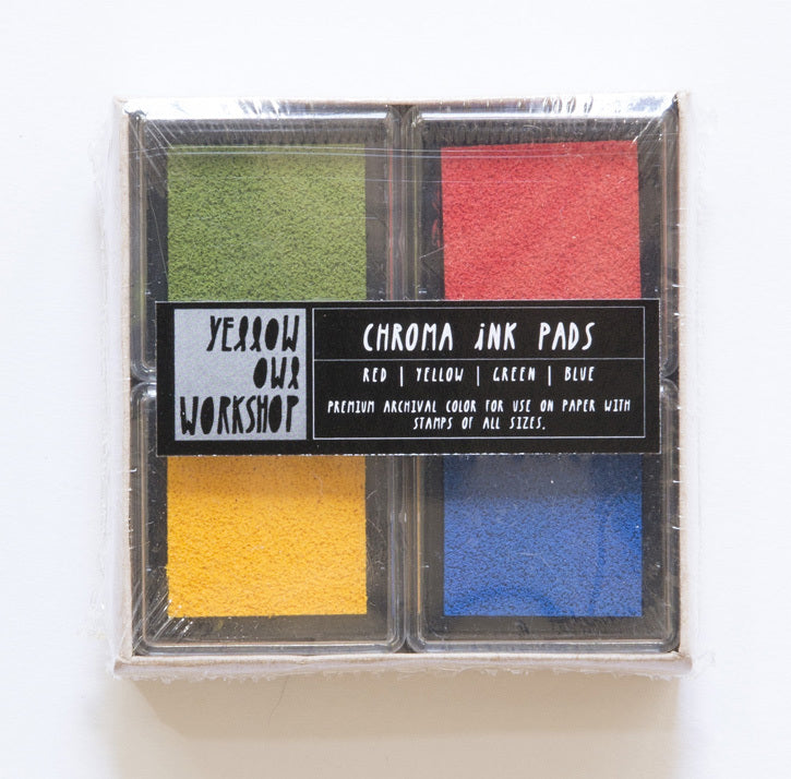 Yellow Owl 4 Color Ink Pad Set in red, yellow, green, and blue will stamp on paper, fabric, wood, metal, and glass. They are perfect for your travel Visual Journaling kit! 